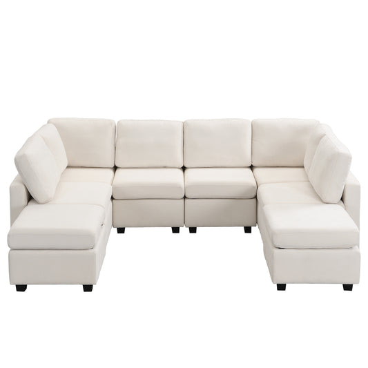Chenille Fabric U-shaped Sectional Sofa with Movable Ottoman and USB Ports, Beige, 103'