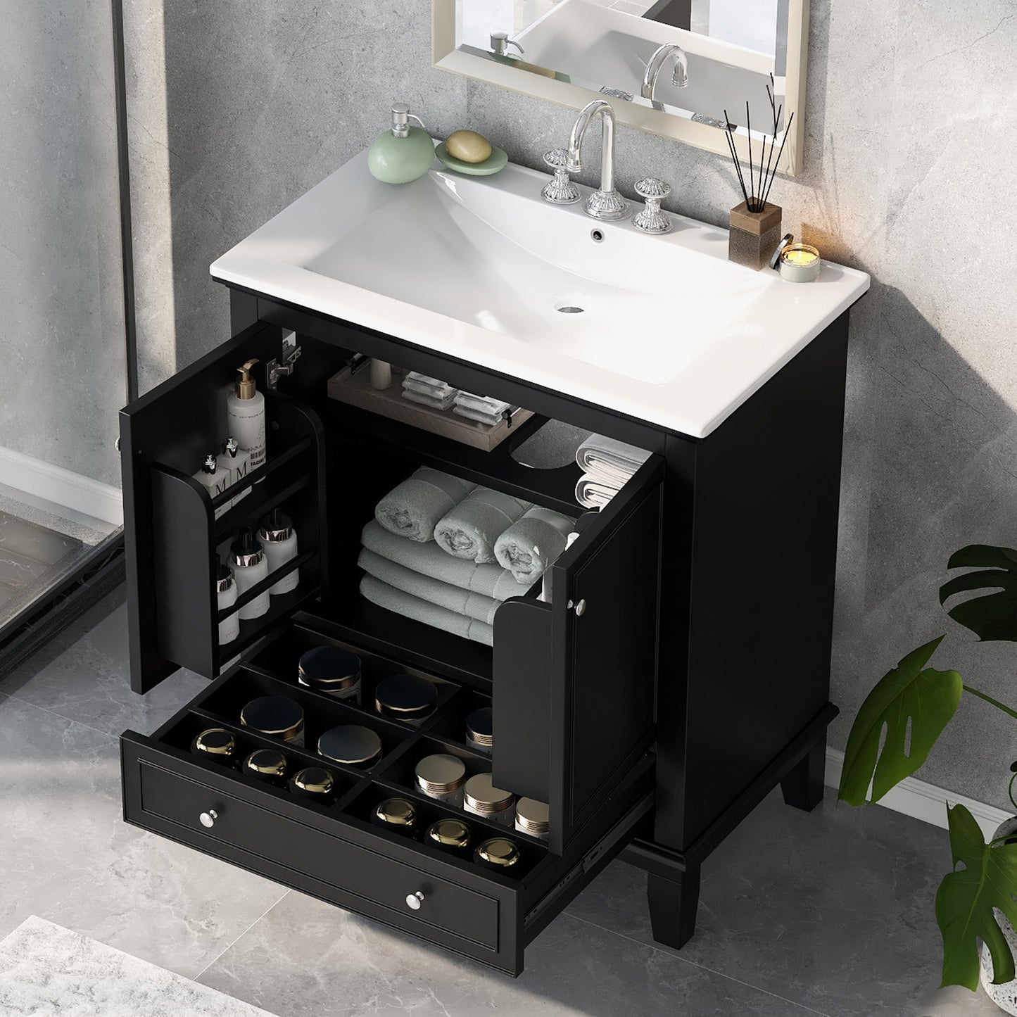 30' Bathroom Vanity with Sink Combo, Multi-functional Bathroom Cabinet with Doors and Drawer, Solid Wood and MDF Board, Black