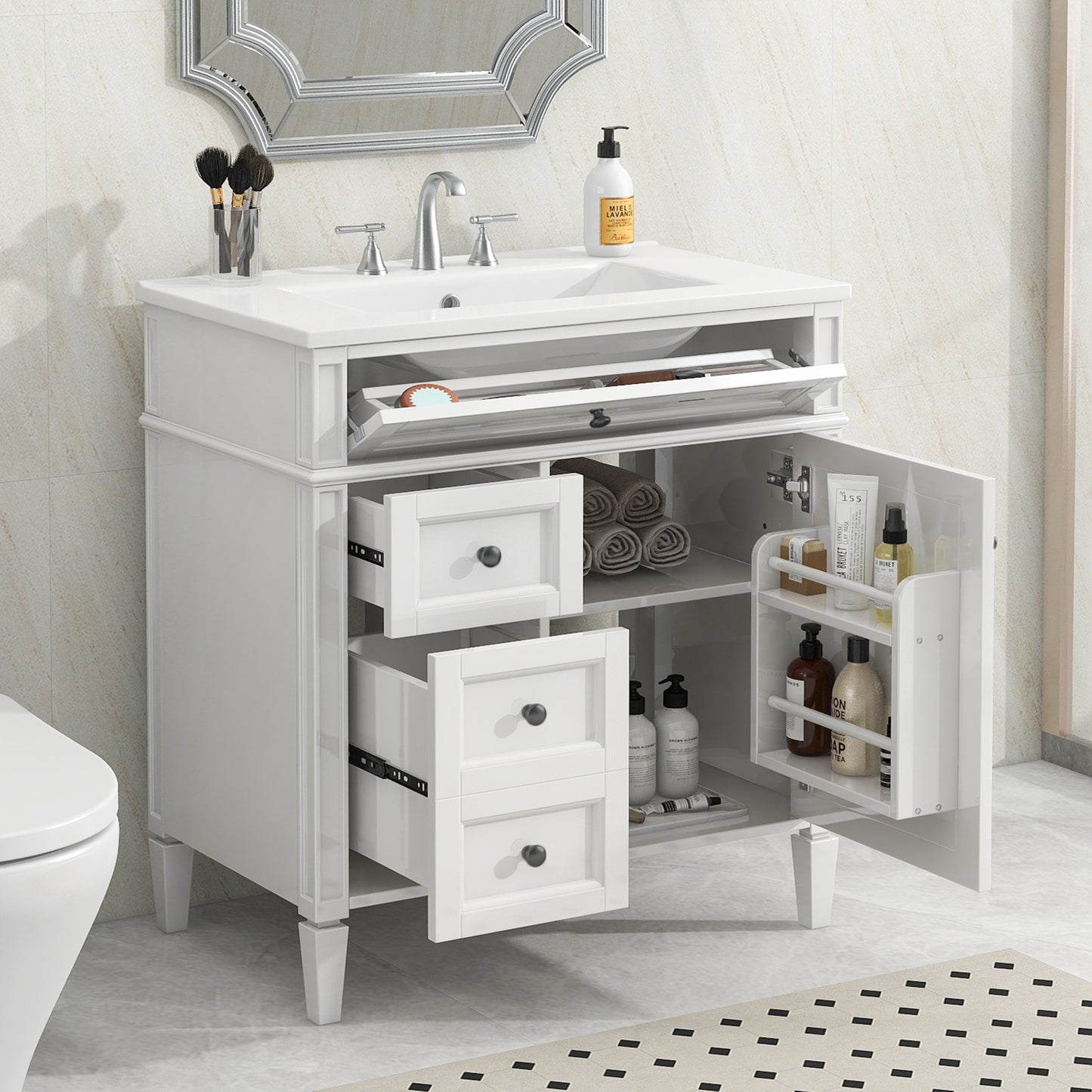 30'' Bathroom Vanity with Top Sink, Modern Bathroom Storage Cabinet with 2 Drawers and a Tip-out Drawer, Single Sink Bathroom Vanity