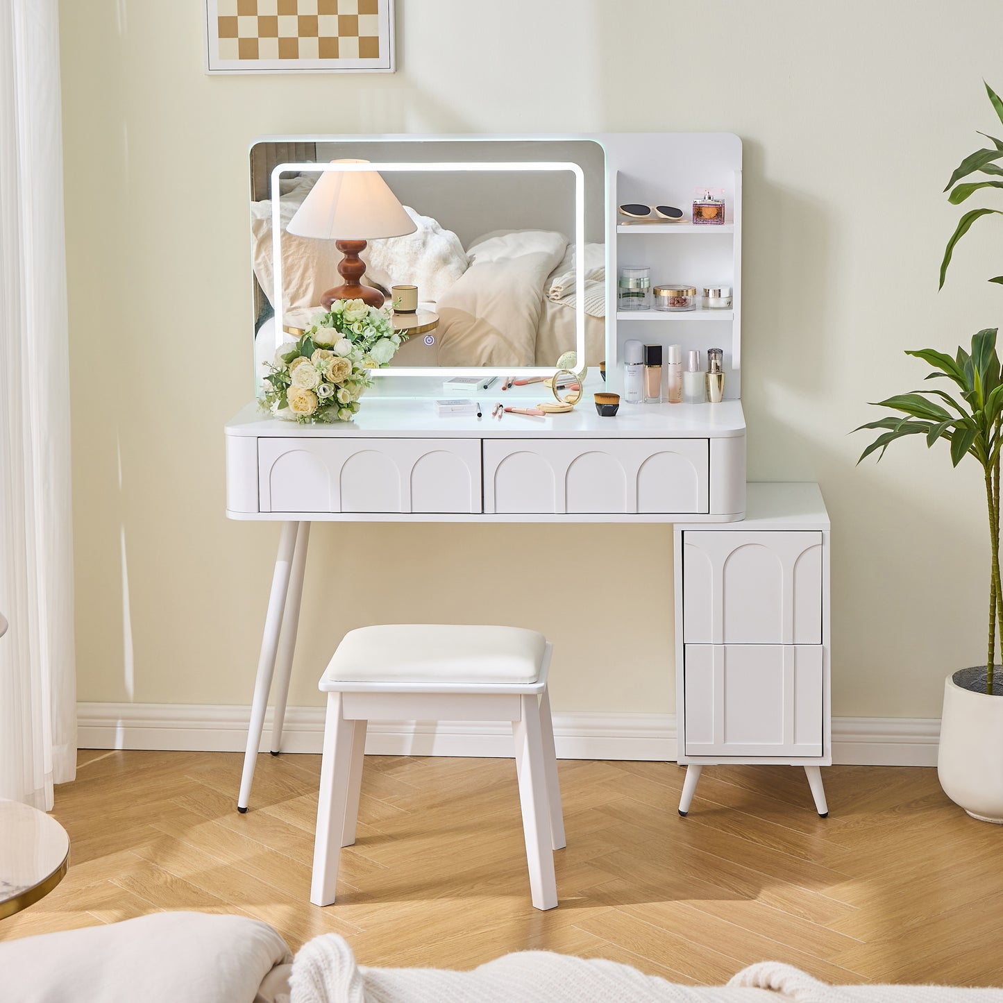 Modern Makeup Vanity Desk with LED Lights & Mirror, 4 Drawer Dressing Table Set with Stool, 3 Colors Dimmable Brightness, Space-Saving for Bedroom, White