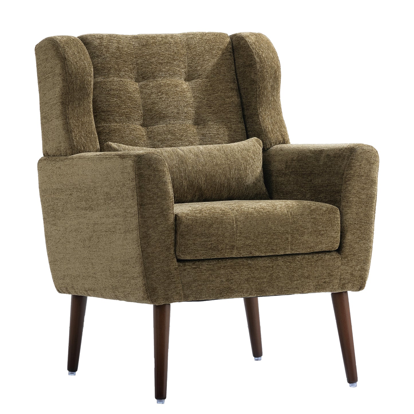 Modern Accent Chair, Chenille Arm Chairs for Living Room, Upholstered Modern Armchair, Comfy Soft Padded Lounge Chair in Small Space, Bedroom, w/Pillow, Solid Wood Leg, Olive Green