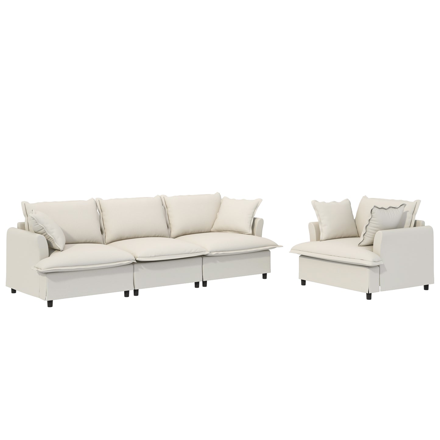 Chenille Upholstered Modular Sofa Set with Throw Pillows, 3-Seater & Armchair, Beige