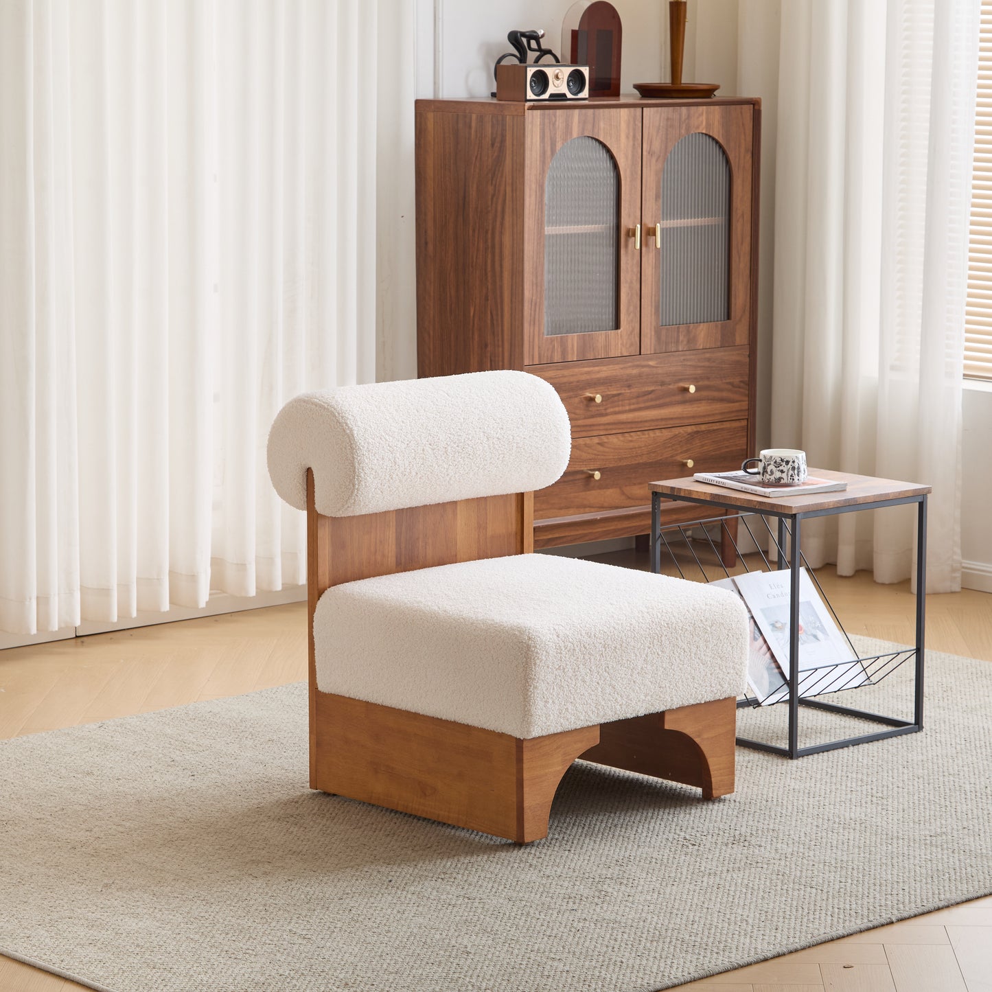 Modern Boucle Lounge Chair with Solid Wood Frame and Rolled Backrest, Soft and Durable Boucle Upholstery, Ideal for Living Room, Bedroom, or Office