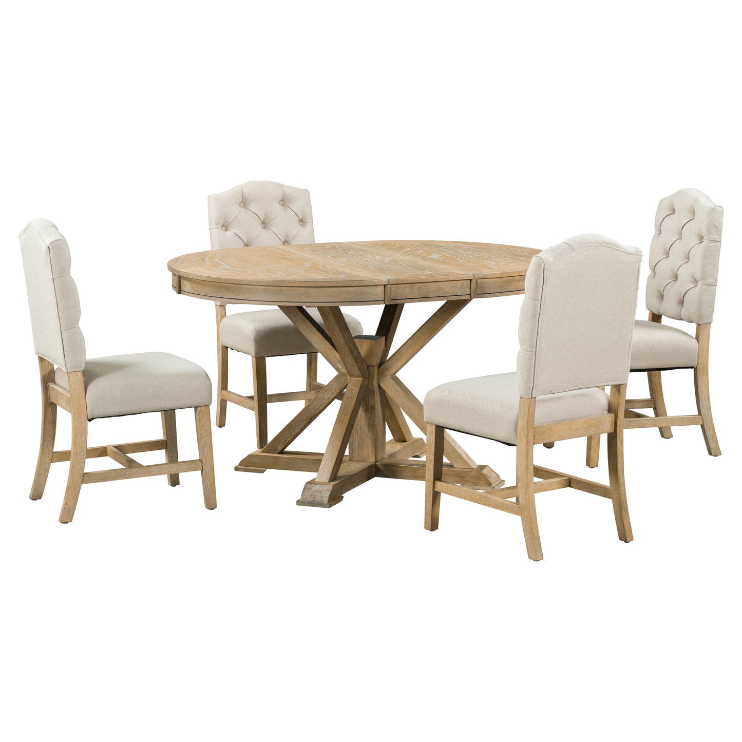 TREXM Retro Style Dining Table Set with Extendable Table and 4 Upholstered Chairs in Natural Wood Wash, Solid Wood Construction