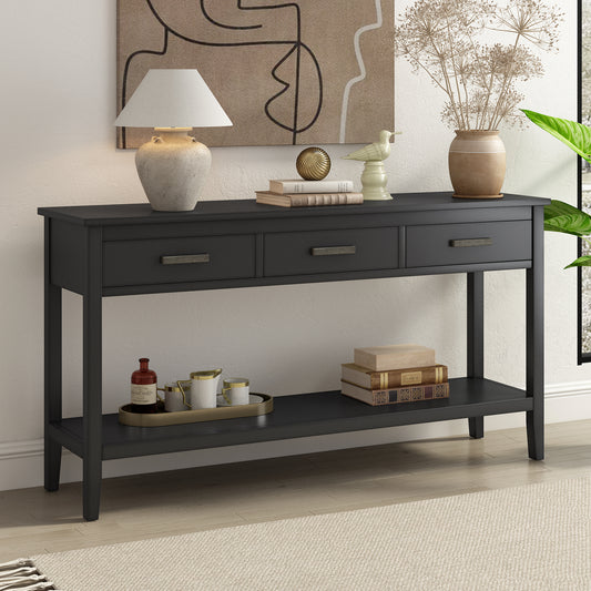 U_STYLE 62.2'' Farmhouse Entryway Table with 3 Drawers, Painted Console Table with Bottom Shelf & Iron Handles, Minimalist Sofa Table for Living Room, Hallway, Kitchen, Bedroom, Office