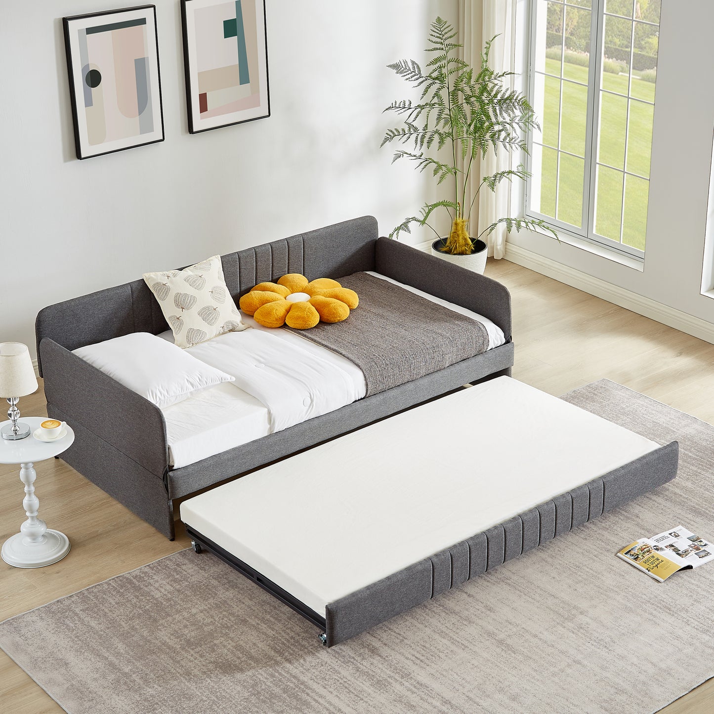 Daybed, sofa bed metal framed with trundle twin size, Grey, 78.4''L x 41''W x 29.8''H.