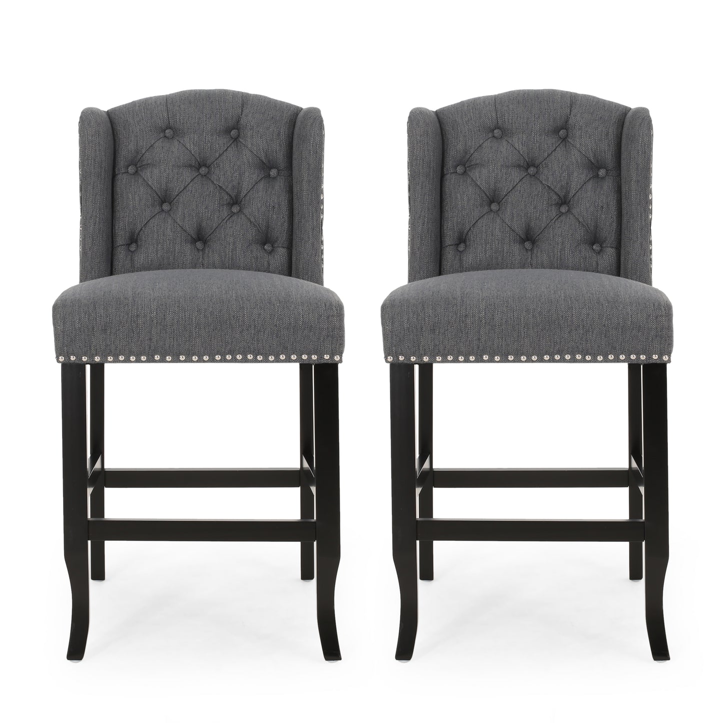 Vienna Contemporary Fabric Tufted Wingback 27 Inch Counter Stools, Set of 2, Charcoal and Dark Brown