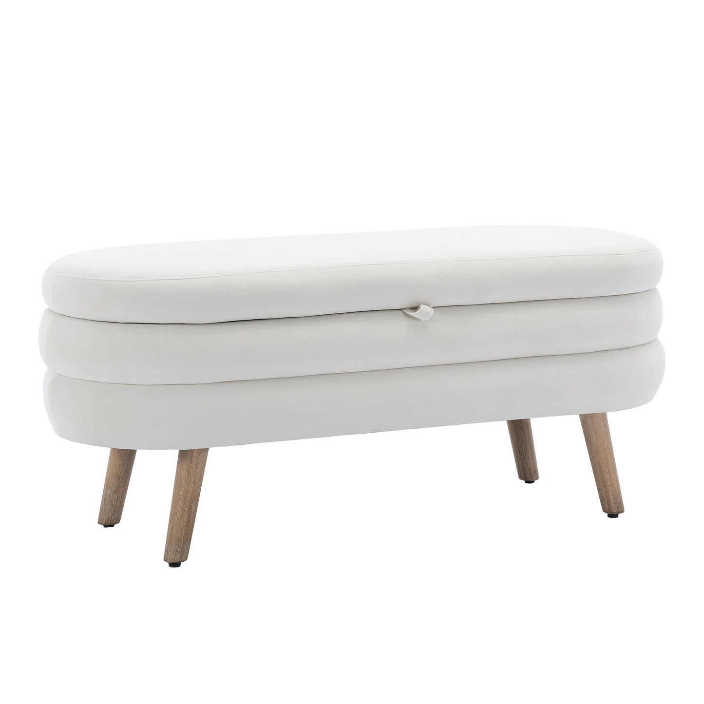 Velvet Fabric Storage Bench with Wood Legs for Living Room and Bedroom in Ivory