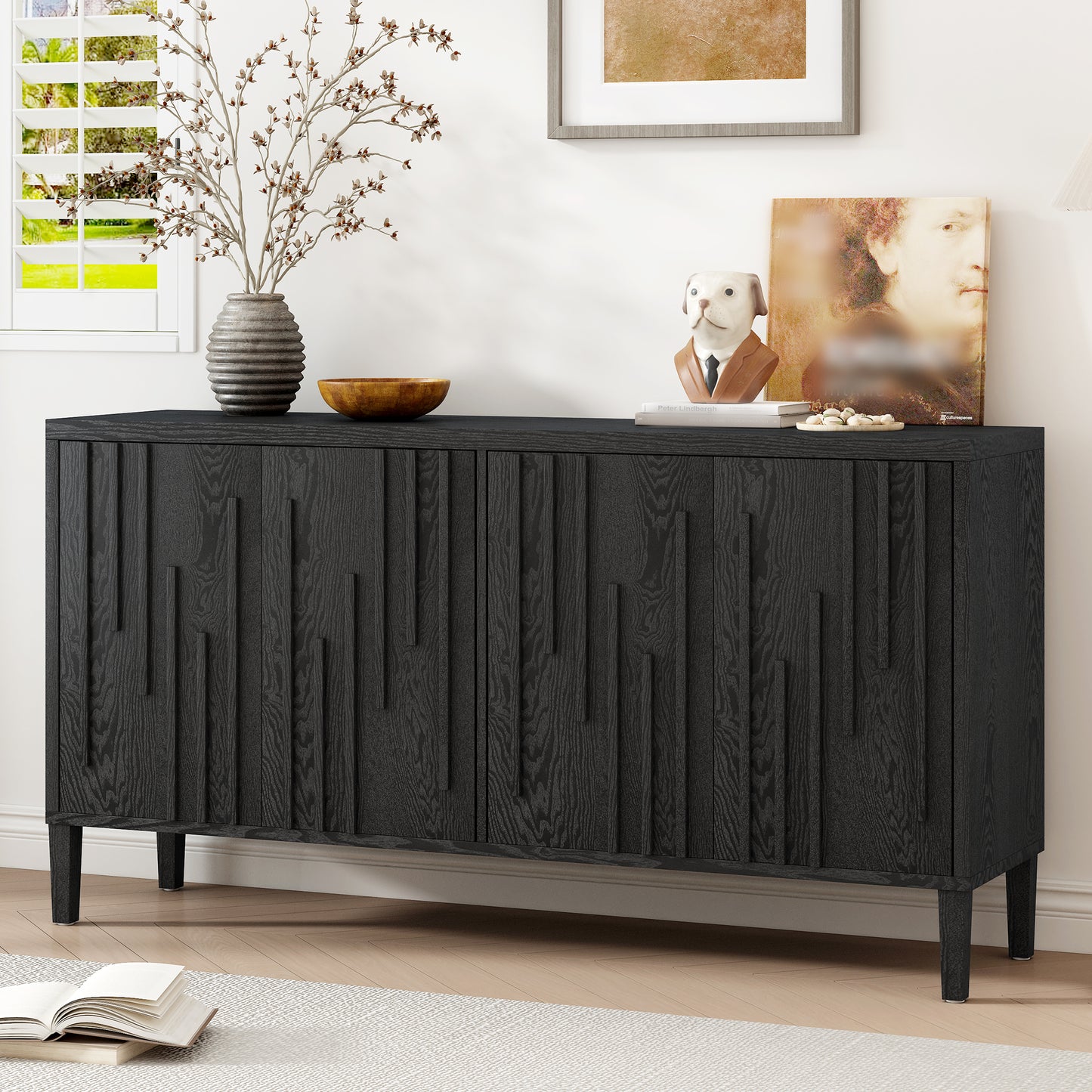 U_Style 59.8' 4-Door Sideboard,Hidden Handle,Distinctive Solid Ash Veneer Buffet with Storage, Farmhouse Sideboard TV Stand for Living Room, Hallway, Dining, Wood Office Credenza(Black)