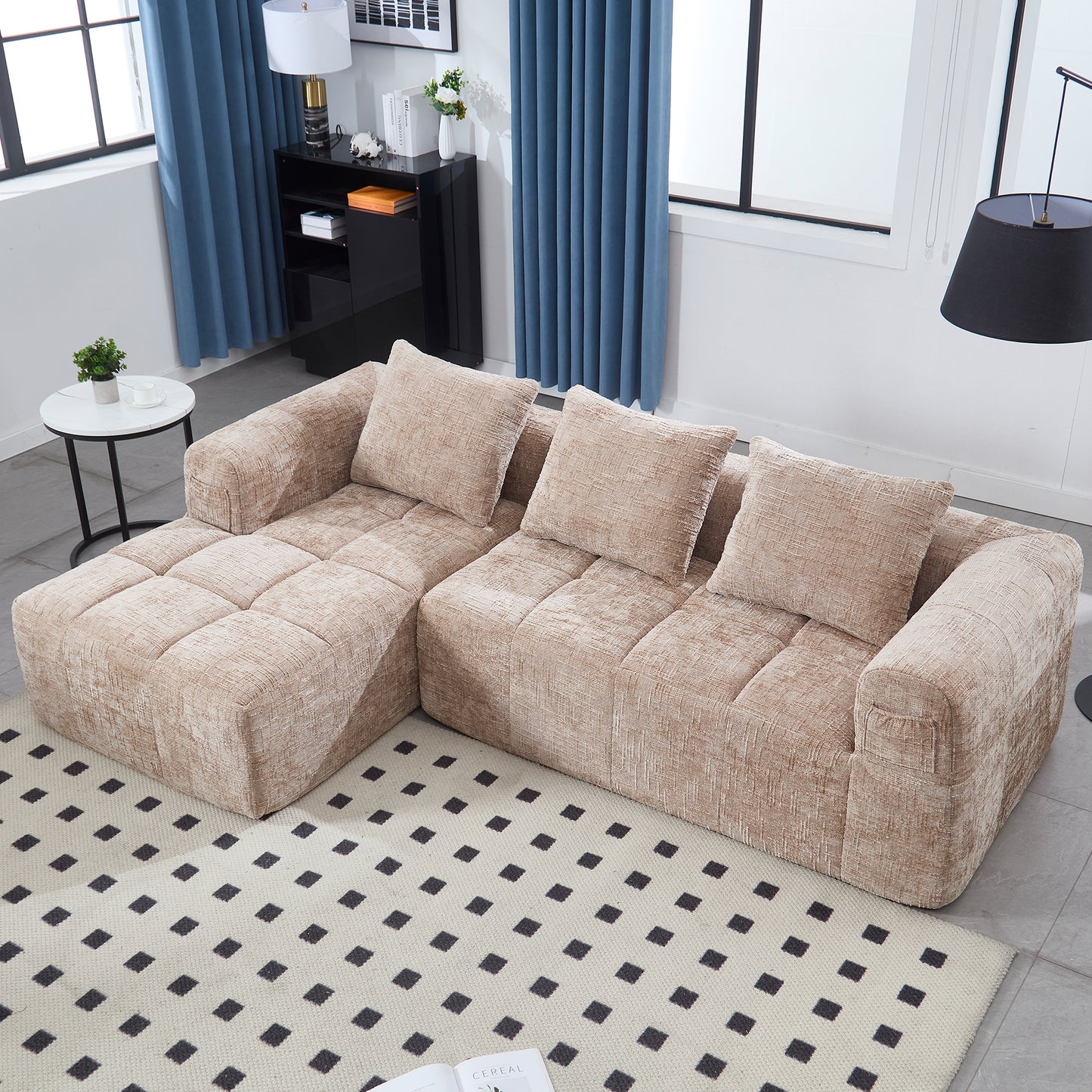 UNITED WE WIN 98.42-inch modular sectional sofa, modern modular L-shaped sofa with chaise longue, equipped with small side pockets and free of compression during installation.