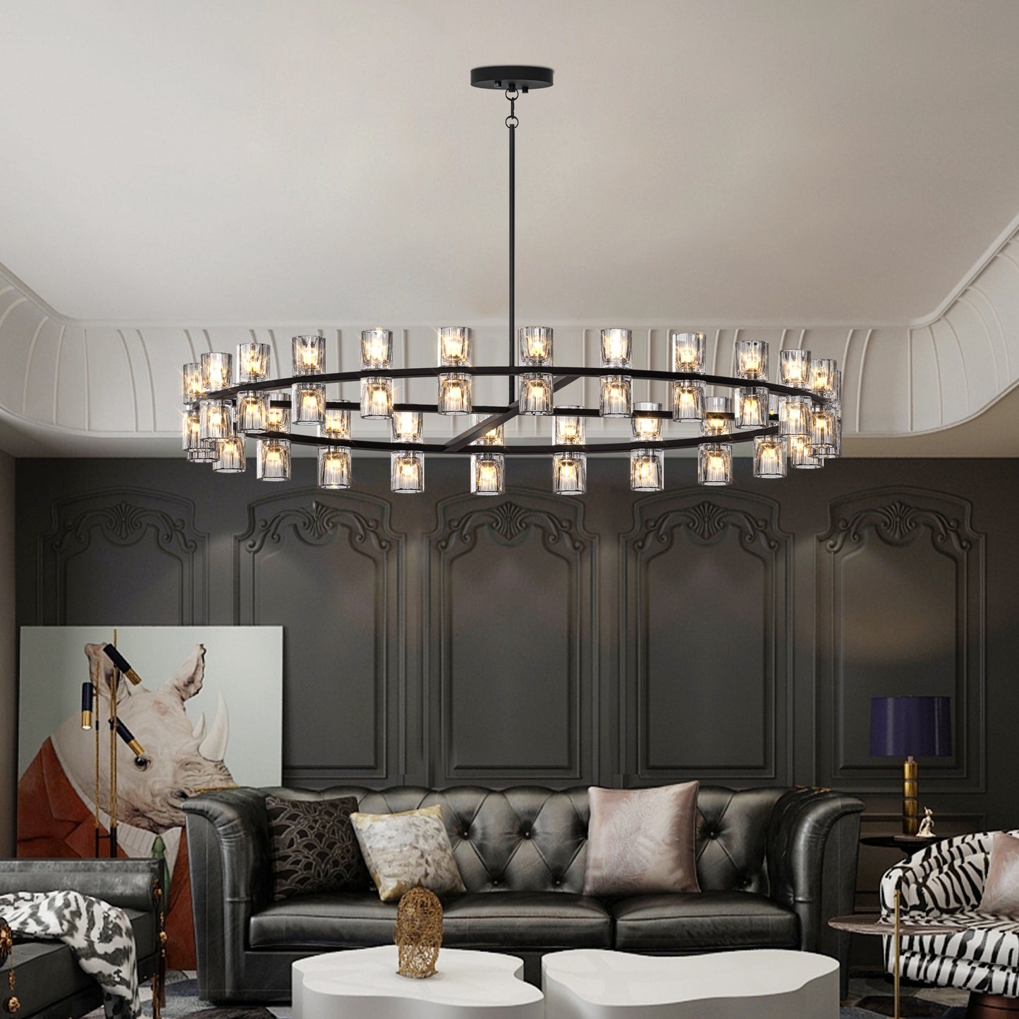 (L005030-D48-P48B/W1340P310779)48 Inches Luxury Chandeliers Crystal Living Room Decorative Lights Simple Modern Dining Room LED Lighting,for Home Decor (Bulbs Included) Black