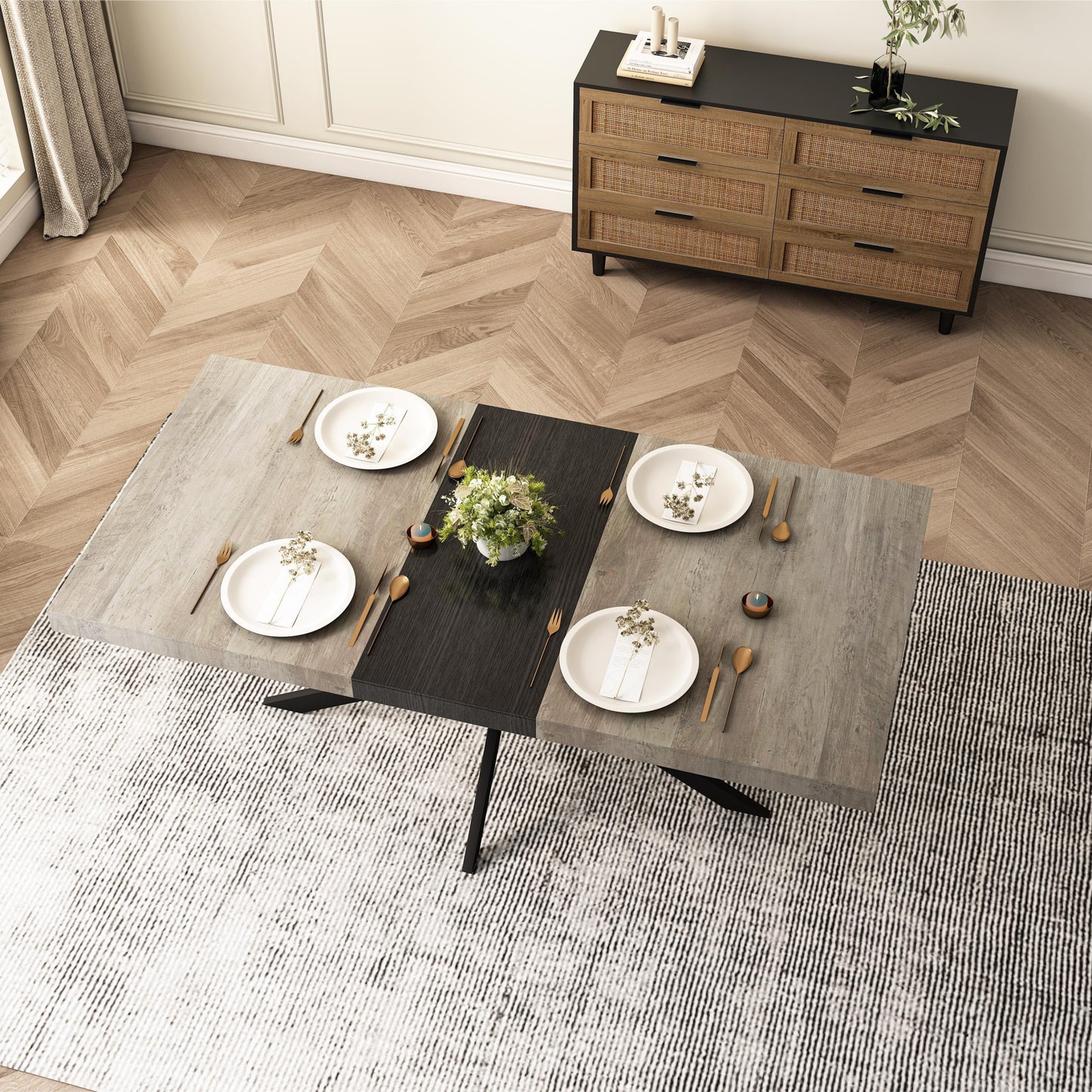 55.11'' -70.86'Retro Rectangular Stretch Dining Table, Grey Carole Top With Black Embossed Center Plate, Black Fine Sand Cross Iron Foot Base Dining Table, With Storage Box.