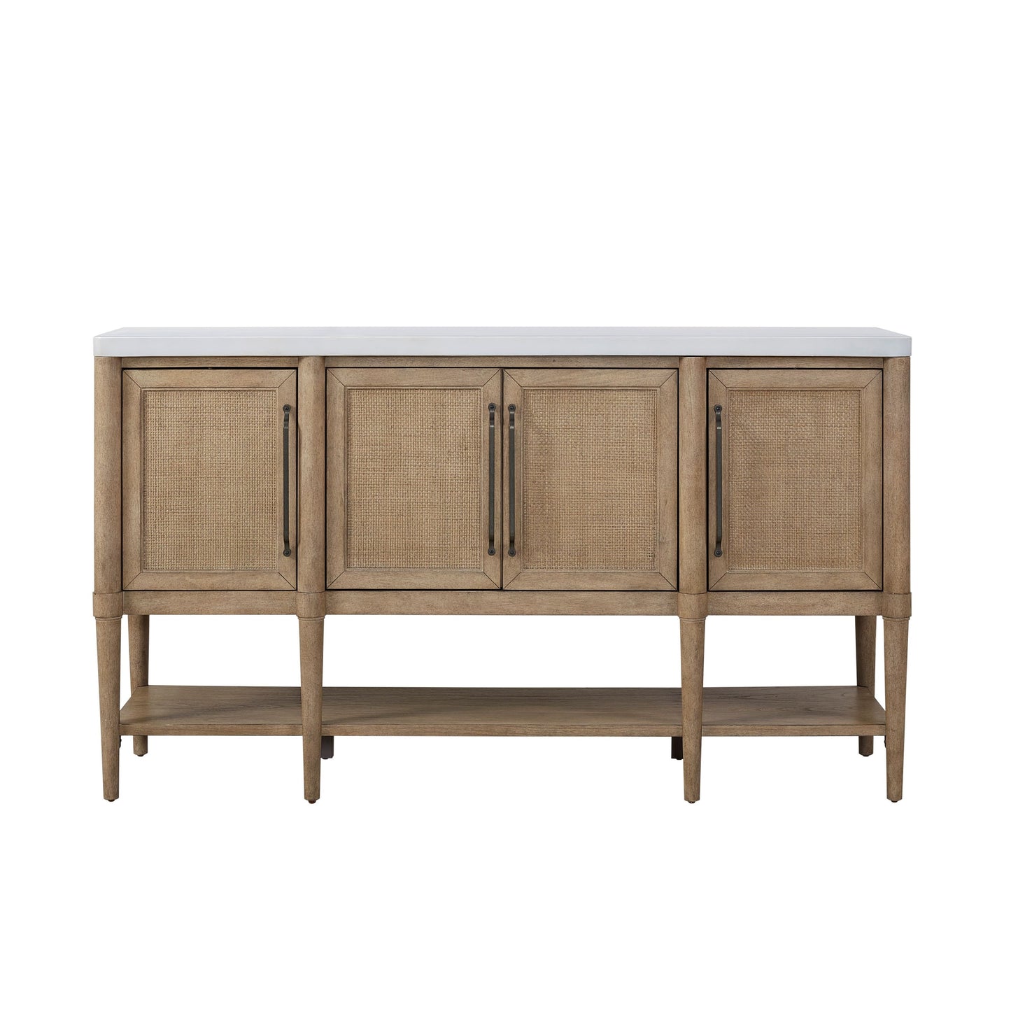 Transitional Casual Cement Topped Server with Cane Insets and Sand Finish, Solid Wood+MDF, 68x18x39.25 inches
