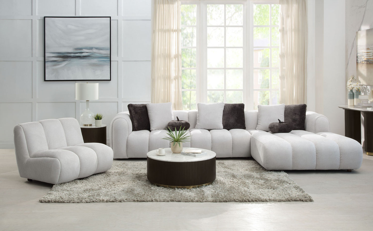 Manilla Ivory White Linen Sectional Sofa with Chair