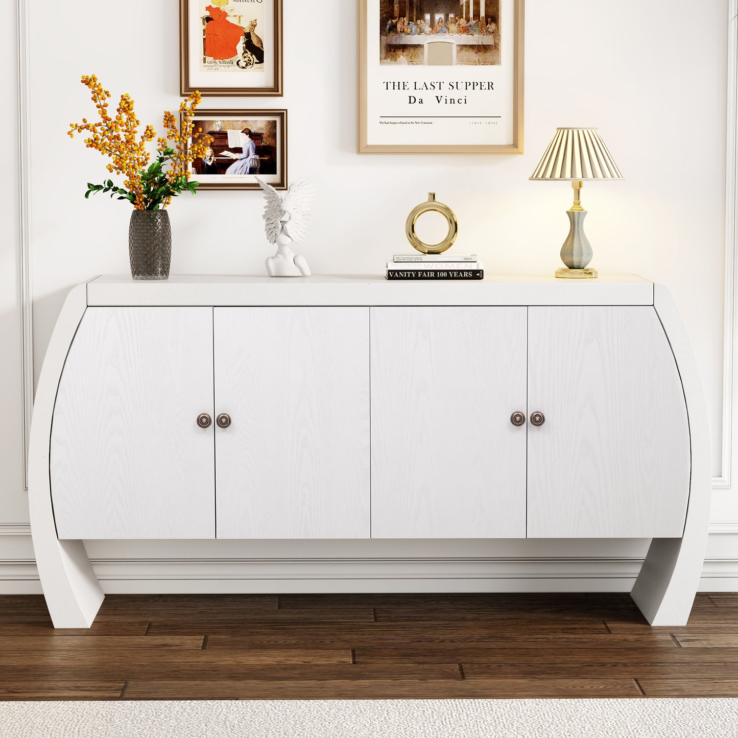 U-Style Four-Door Ash Veneer Storage Cabinet with Curved Legs, Perfectly Suited for Hallways, Entrances, and Living Rooms