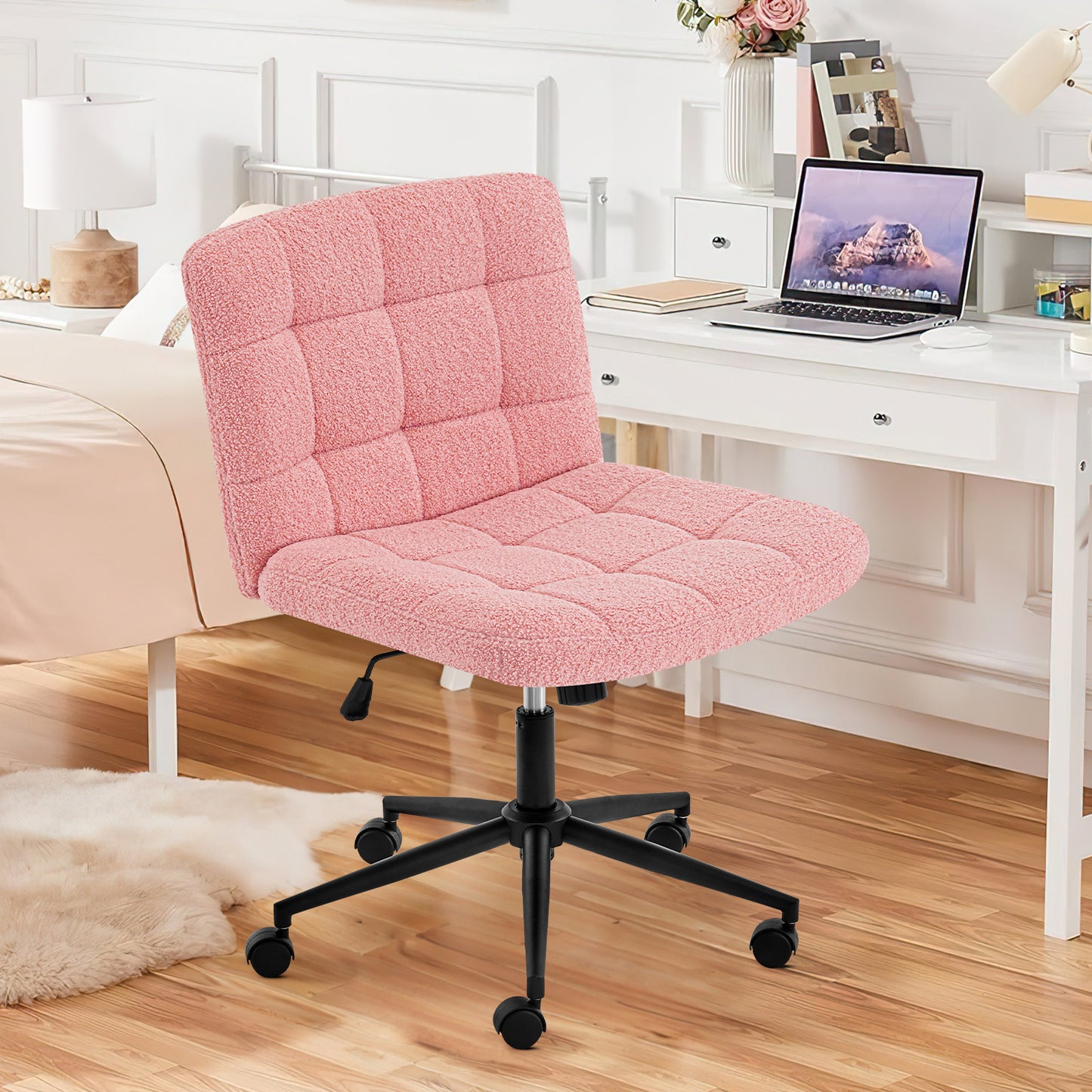 Homw Office Desk Chair with Wheels, Armless Desk Chair with Lumbar Support, Adjustable Height 360° Rolling Swivel Computer Chairs for Home Office Study Room, Sherpa, Pink