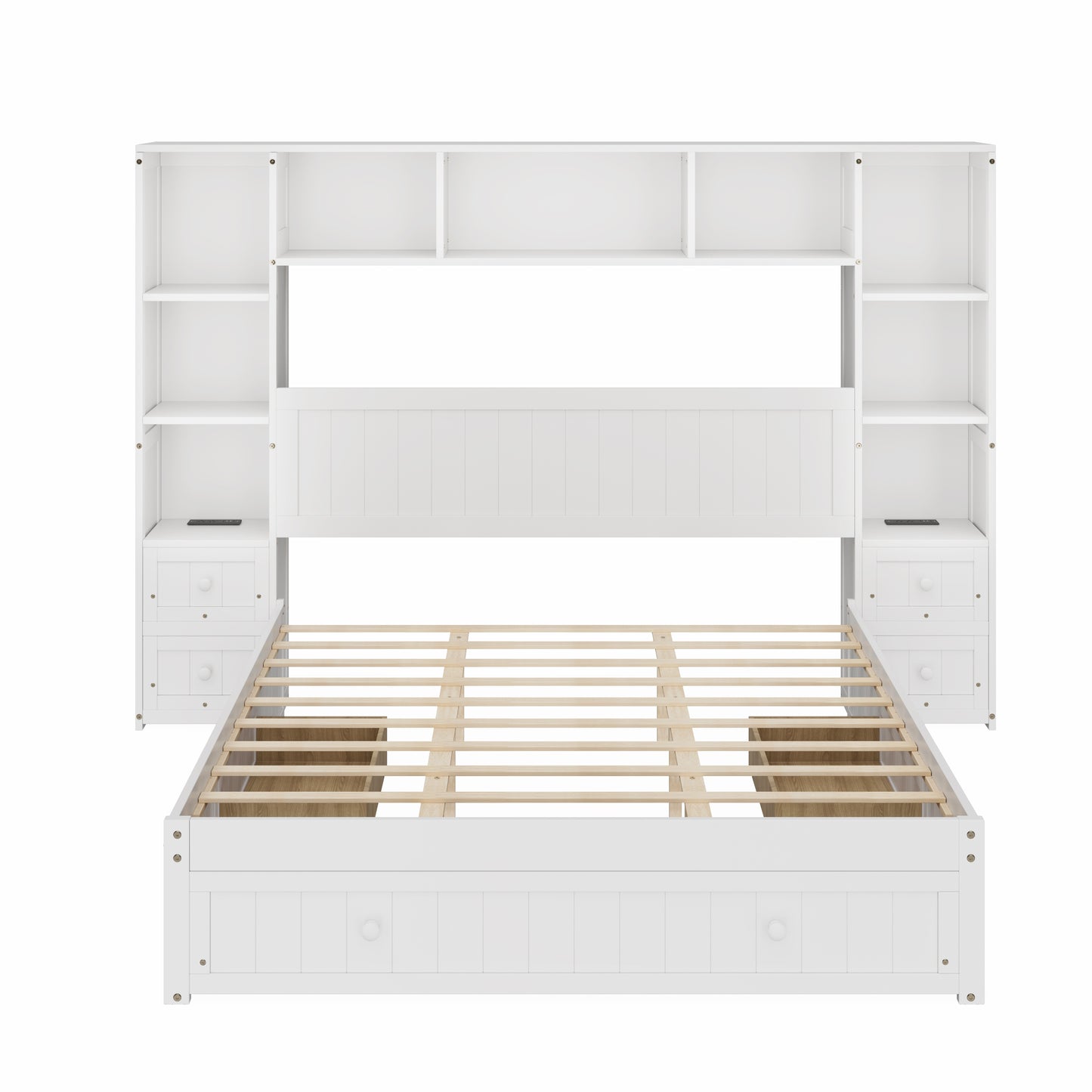 Queen Size Pine Wood Platform Bed with All-In-One 2 Nightstand, Storage Shelf and Cabinet Bookcase with 2 Charging Stations, Multi-Functional Captain Bed Frame with 3 Drawers, No Box Spring Needed