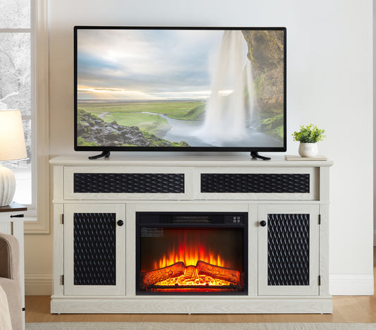 Embossed Pattern TV Stand with 23' fireplace insert,, TV and Media Console with Open and Closed Storage Space and sliding door for Living Room & Bedroom,White, 58.27'W*15.35'W*31.7H