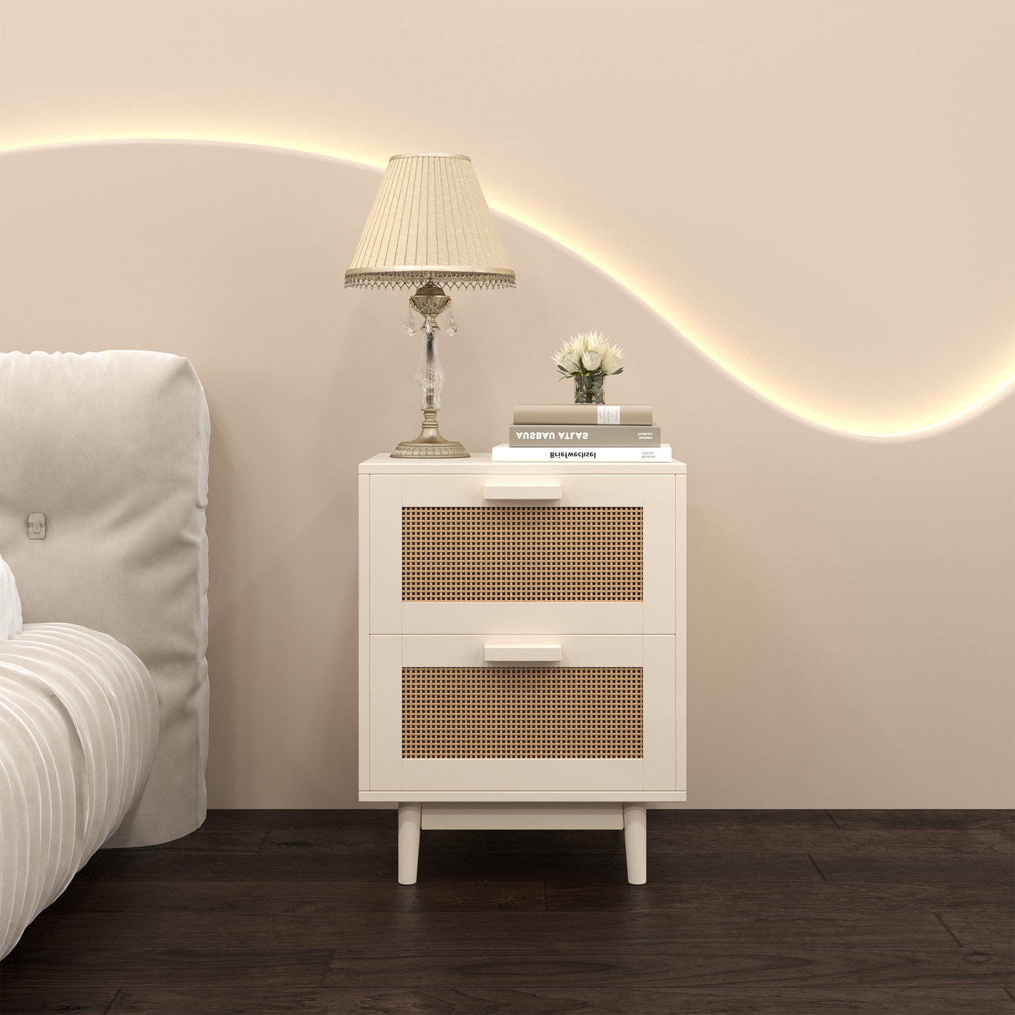 Rattan Nightstand, Wood End Table, Side Table with 2 Faux Rattan-Decorated Drawers, Bedside Table,Wood Accent Table with Storage for Livingroom, Bedroom,Burly wood