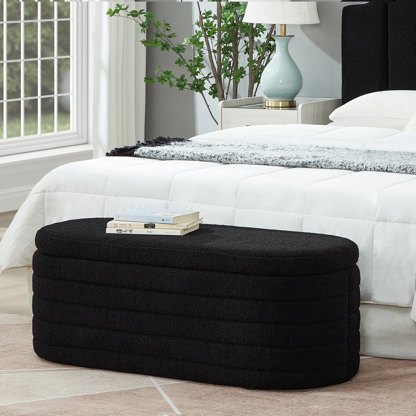 Modern Oval Storage Ottoman Bench, Upholstered Boucle Teddy Fabric End of Bed Bench with Storage, End of Bed Stool with Safety Hinge for Bedroom, Living Room, Entryway,  Black