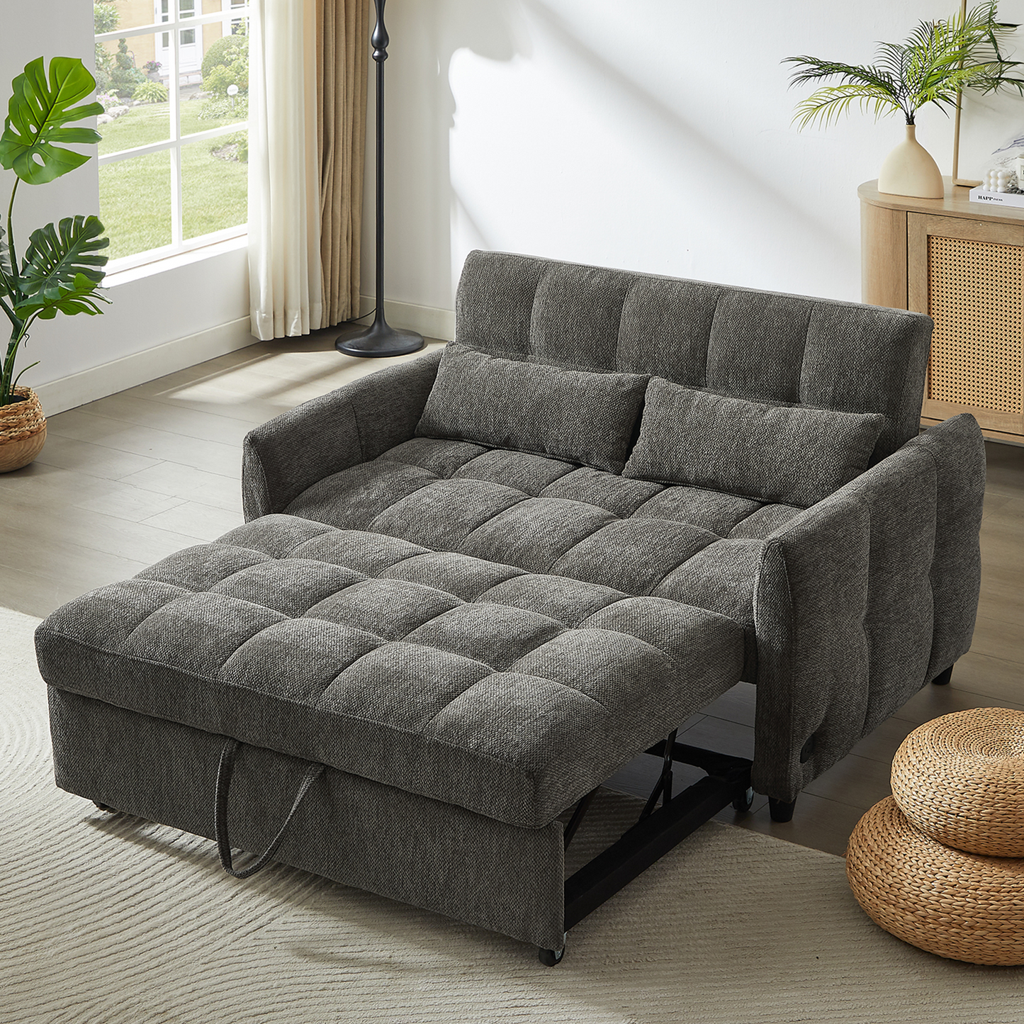 52.8' Loveseat Sofa Pull-out Sofa Bed Tufted Sleeper Sofa with an Adjustable Backrest, Three USB Ports and Two Lumbar Pillows for Living Room, Grey
