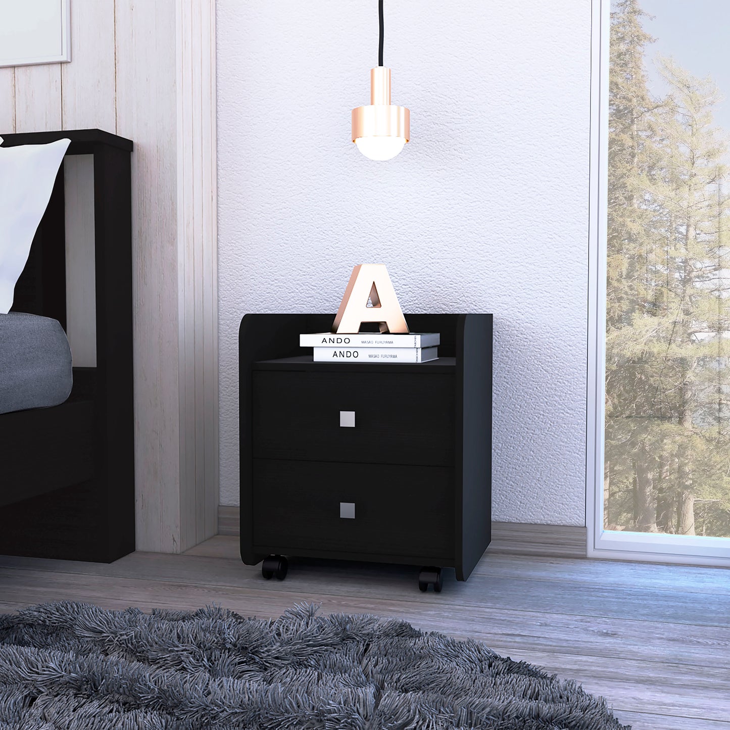Nightstand 22'H, Two Drawers, Superior Top, Metal Handle, Black