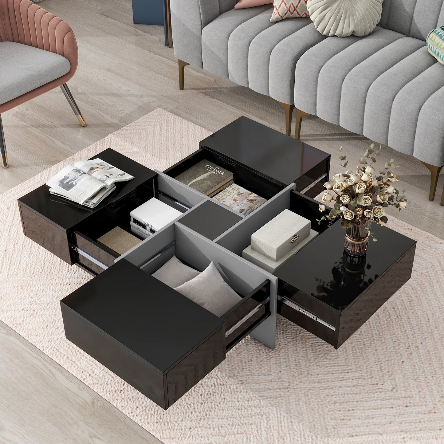 ON-TREND Unique Design Coffee Table with 4 Hidden Storage Compartments, Square Cocktail Table with Extendable Sliding Tabletop, UV High-gloss Design Center Table for Living Room, 31.5'x 31.5'