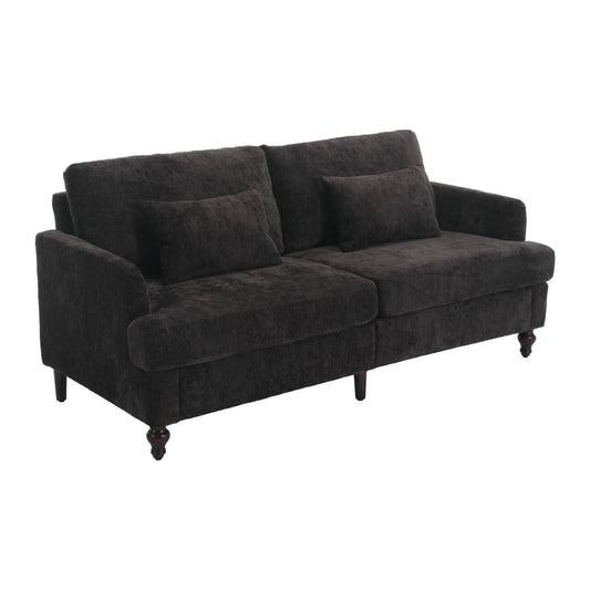 Mid Century Modern Chenille Fabric Loveseat Sofa with Brown Wood Feet, 2-Seat Upholstered Couch for Living Room or Bedroom, Black