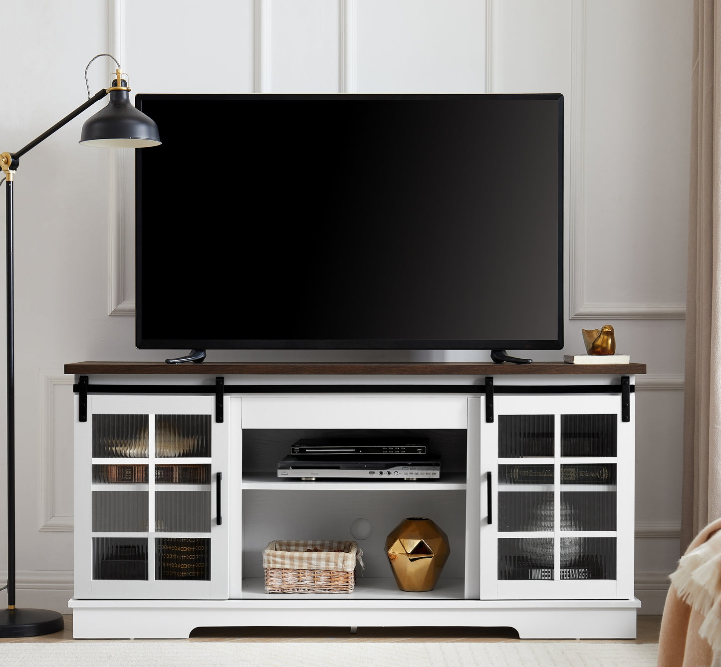 Multipurpose Sliding Door TV Cabinet Large Storage Cabinet with 2 Sliding Glass Doors, TV Desk Storage Rack, Adjustable Shelves for TVs Up to 65', WHITE+BROWN, 59.13'W*15.94'D*27.8'H