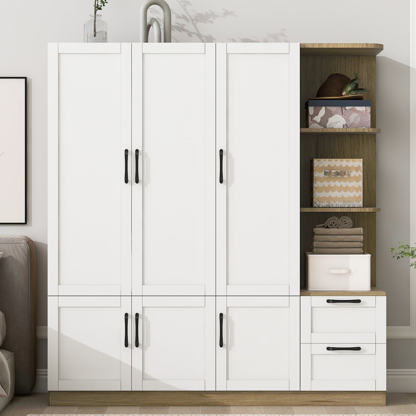 3 Door Wooden Storage Wardrobe for Dedroom with Shelves and 2 Drawers, Side Storage Shelves,White