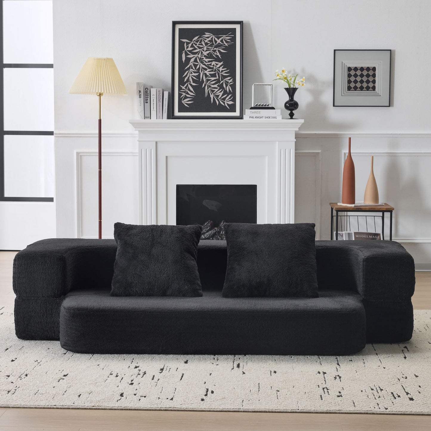 Ebern Designs Transformable Sectional Sofa with 3 Ottoman Stools - Supportive Foam Fold-Out Bed, Compact Chenille Lounger for Small Spaces & Home Offices.lihgt black