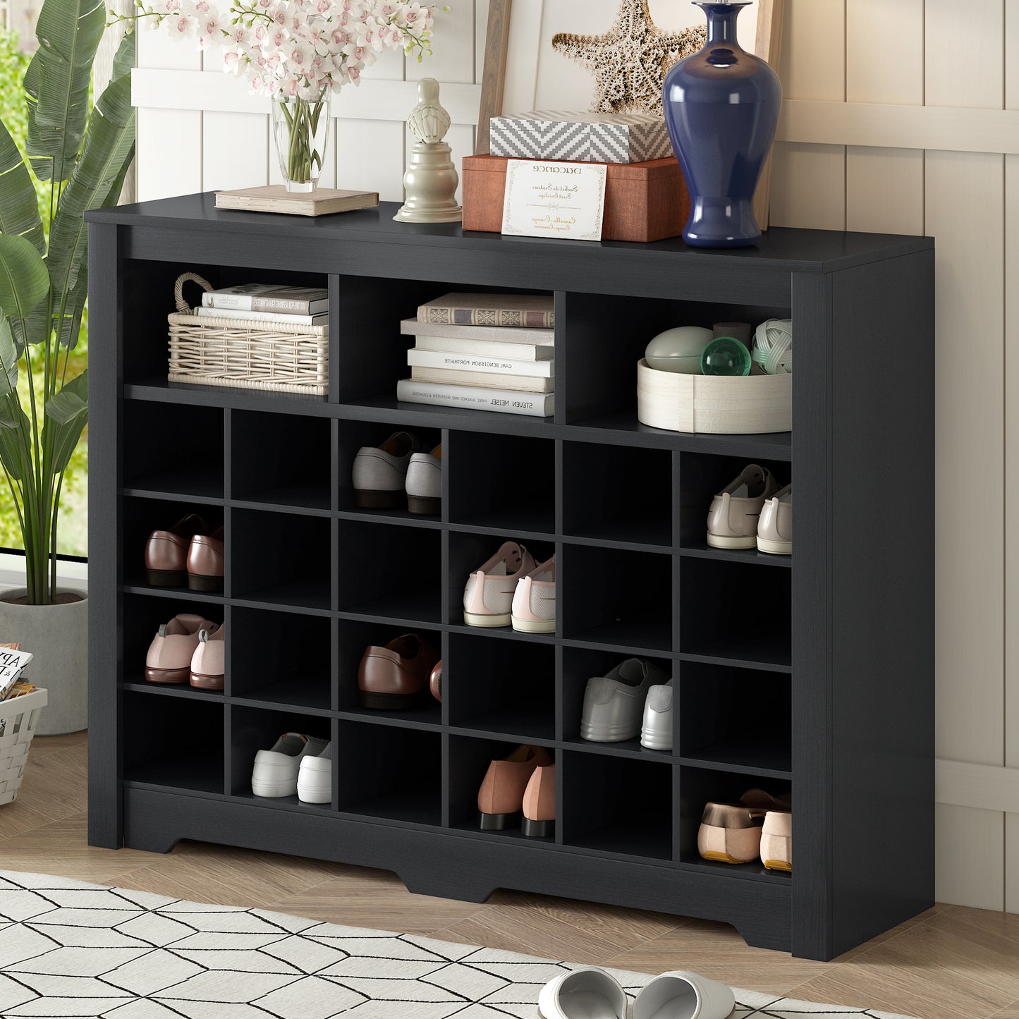 ON-TREND Sleek Design 24 Shoe Cubby Console, Modern Shoe Cabinet with Curved Base, Versatile Sideboard with High-quality for Hallway, Bedroom, Living Room, Black