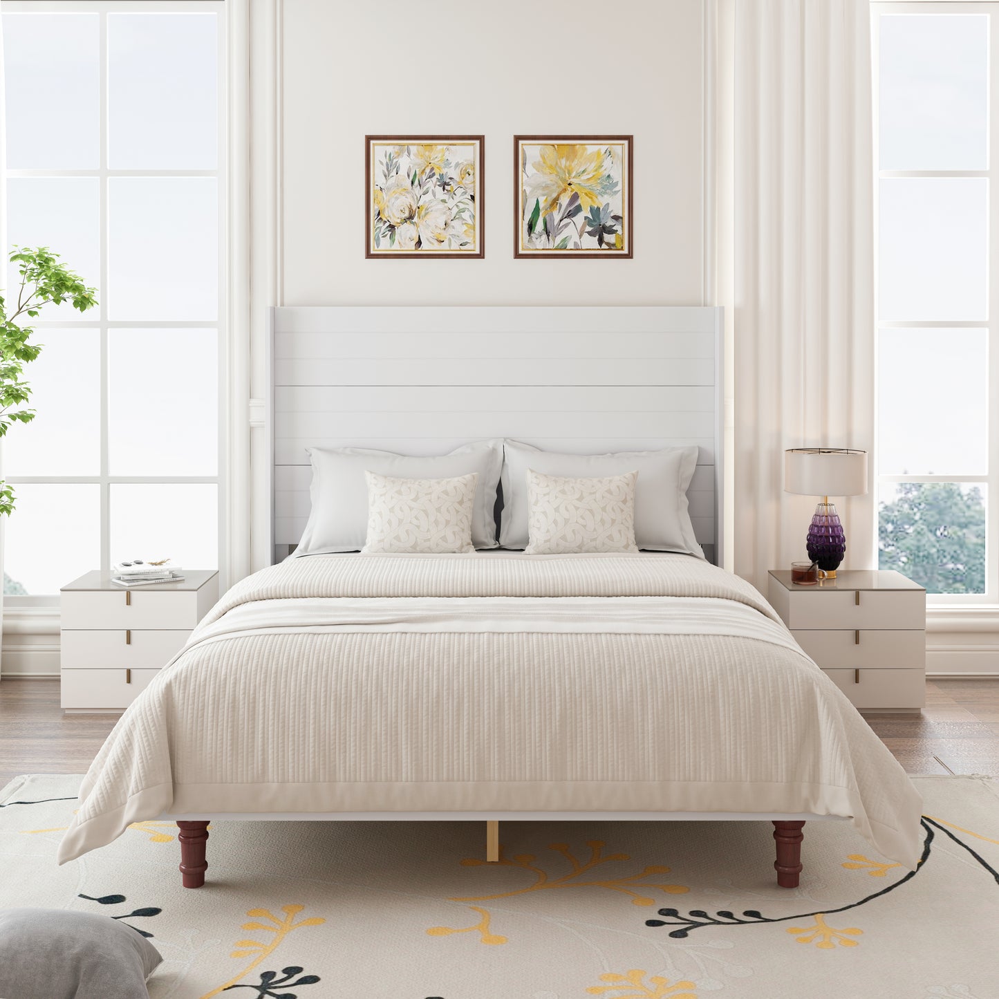 Stylish High Headboard Bed, 54 'High Headboard, High Quality, Comfortable High  Back Design Ideal for Reading or Relaxing, Queen Size, White