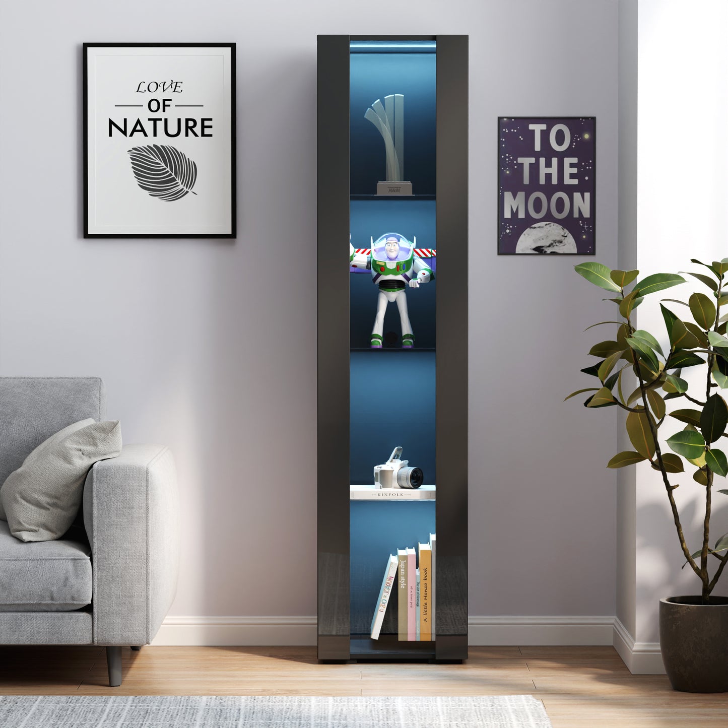 Black side cabinet with aluminum strip lamp,With large storage space