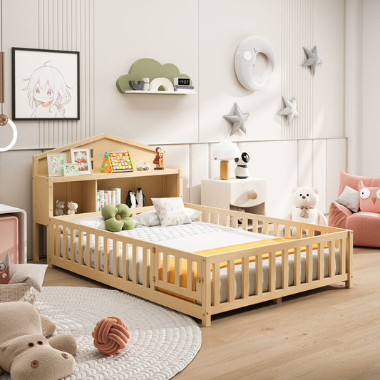 Full-size Montessori Floor Bed with Bookcases and Blackboards, Versatile Platform Beds with Guard rails, Solid Wood Floor Beds with Storage Headboards, Floor Beds for Kids and Teens  Natural