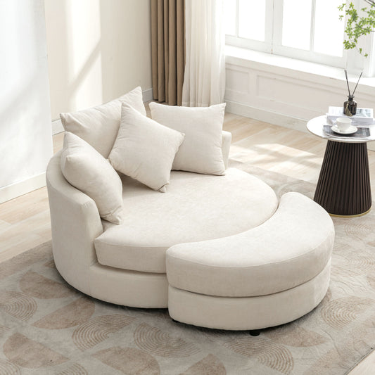 Orisfur. 360° Swivel Accent Barrel Chair with Storage Ottoman & 4 Pillows, Modern Chenille Leisure Chair Round Accent for Living Room, Cream