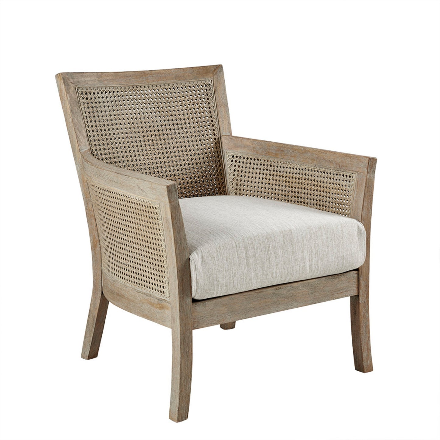 Cane Armchair with Natural Wood Finish and High-Density Foam in Cream Polyester