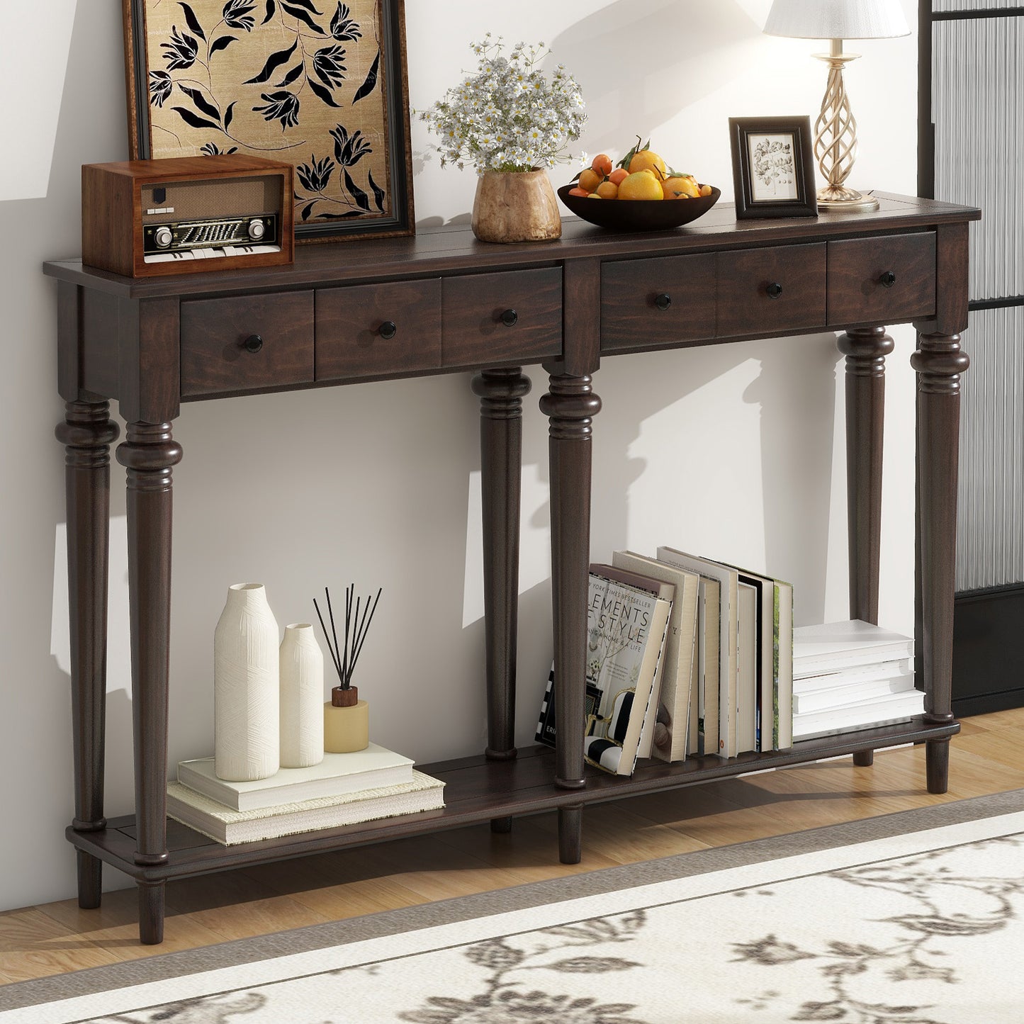 TREXM Entryway Table with 4 Drawers, Retro Console Table with Open Shelf for Entryways, Living Rooms, and Hallways (Espresso)