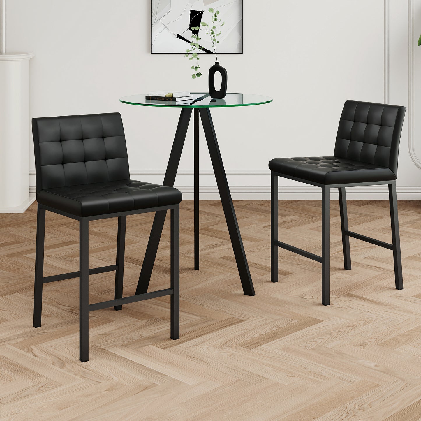 Stylish Black PU fabric design, black metal chair legs, black metal table legs, round tempered glass countertop, bar chair cover, suitable for bars, restaurants, bedroom bar chairs, ( set of 3)