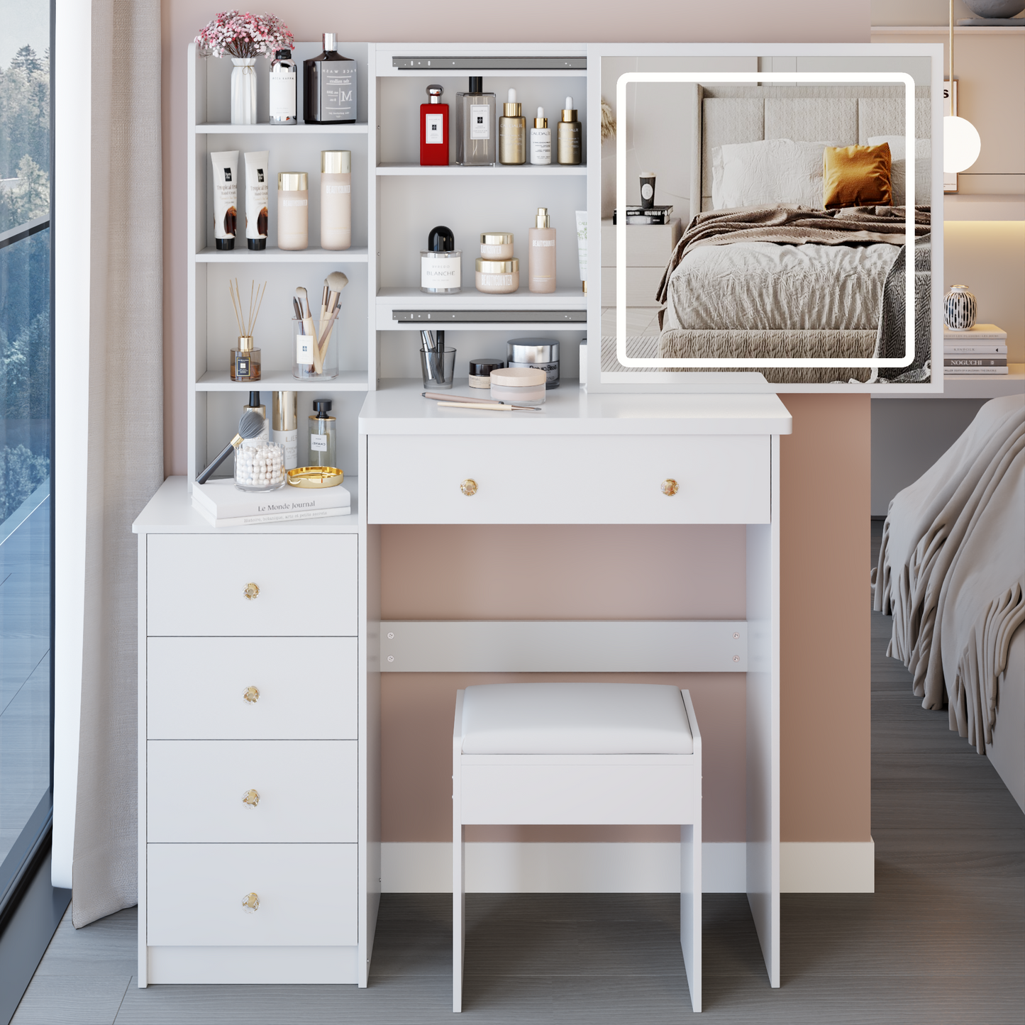 37' Middle Size Left Bedside Cabinet Vanity Table + Cushioned Stool, Large Sliding, Touch Control, Tri-color Switching, Brightness Adjust LED Mirror, High Capacity Storage, Suitable for Middle Space