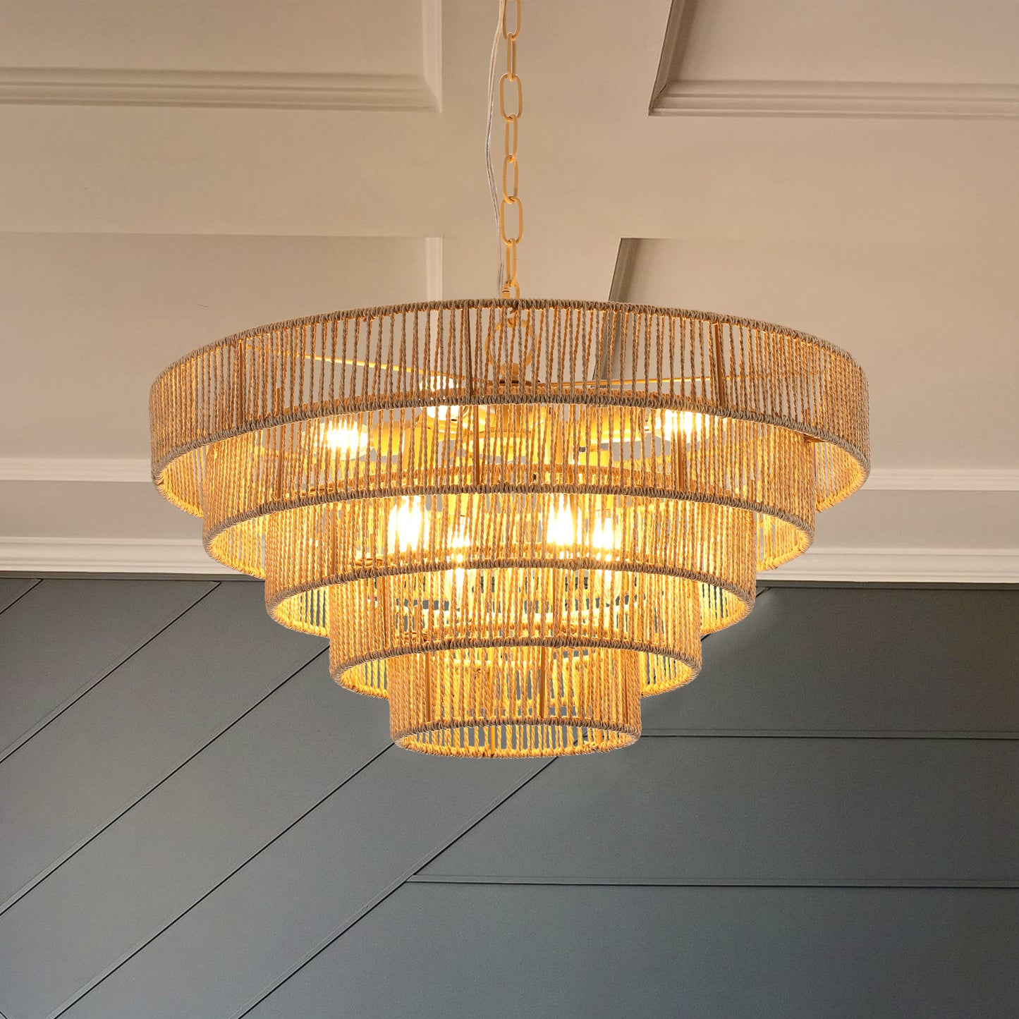 (Same as W1340P155977/L1019-5) 24' Modern 5-Layer Woven Hemp Rope Chandelier, Boho Style Pendant Light, Elegant Hanging Light Fixture for Living Room, Dining Room, Bedroom (No Bulbs)