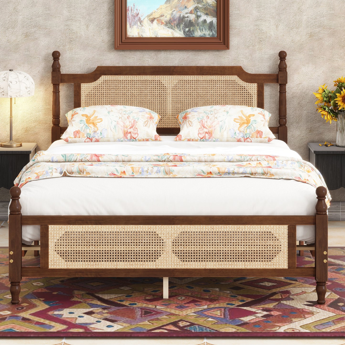 Queen Pine wooden Bed with Rattan Headboard  and Footboard, with  Central Enhanced Bed Platform,Walnut