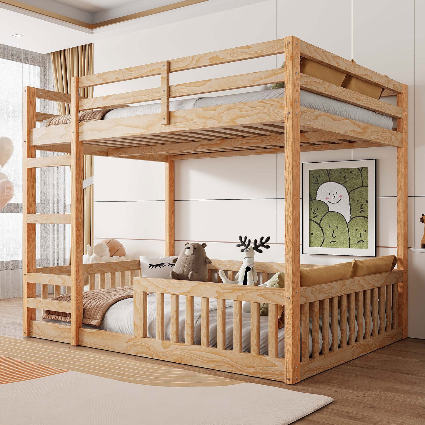 Full over Full Wood Bunk Bed with Ladder and Guardrails, Natural