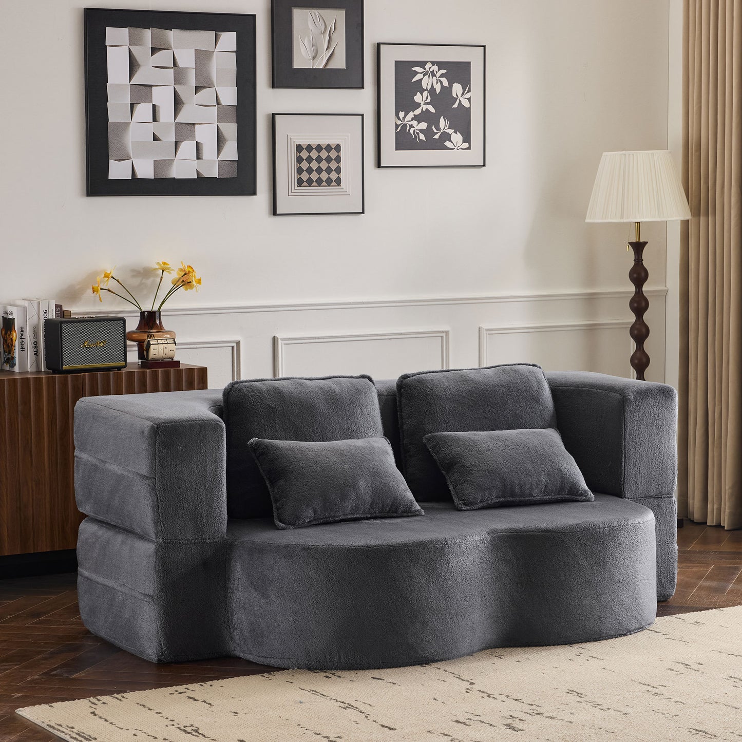 Queen Size Foldable Sofa Bed, Chenille Futon Sofa Couch, High-Density Foam Convertible Sleeper Sofa, Foldable Floor Couch Bed for Living Room, Guest Room, Bedroom