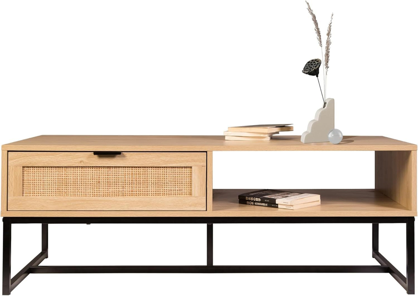 Cove Coastal Modern TV Stand with Storage Cubby and Drawer, Natural Wood