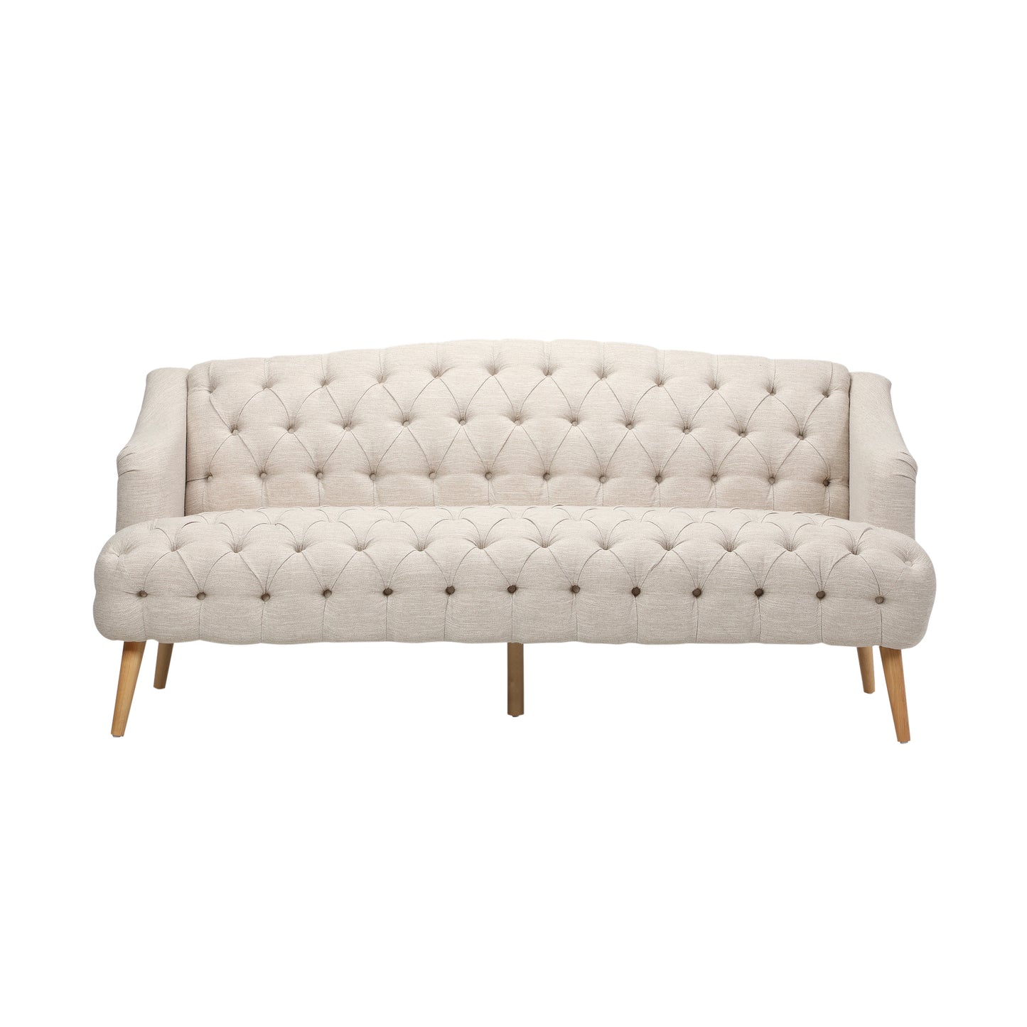Tufted Velvet Chesterfield Sofa with Wood Legs, Beige