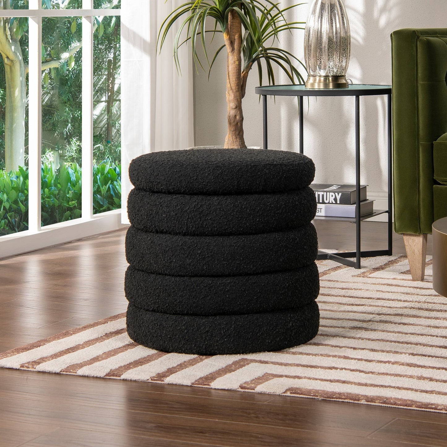 Fuji 19' Oversized Round Storage Ottoman, Ebony Black Boucle