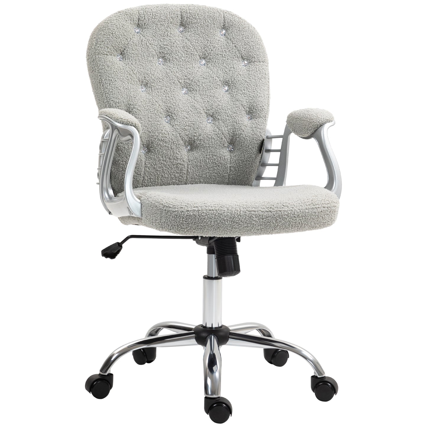 Vinsetto Teddy Fleece Home Office Chair, Button Tufted Desk Chair with Padded Armrests, Adjustable Height and Swivel Wheels, Gray