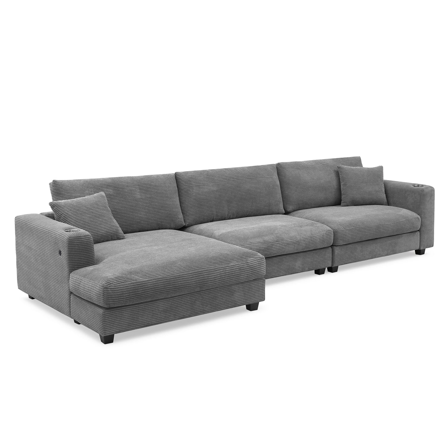 Contemporary Oversized Corduroy Sectional Sofa with USB Port, Cup Holder, Deep Seating, 3 Colors, 134*54 Inches
