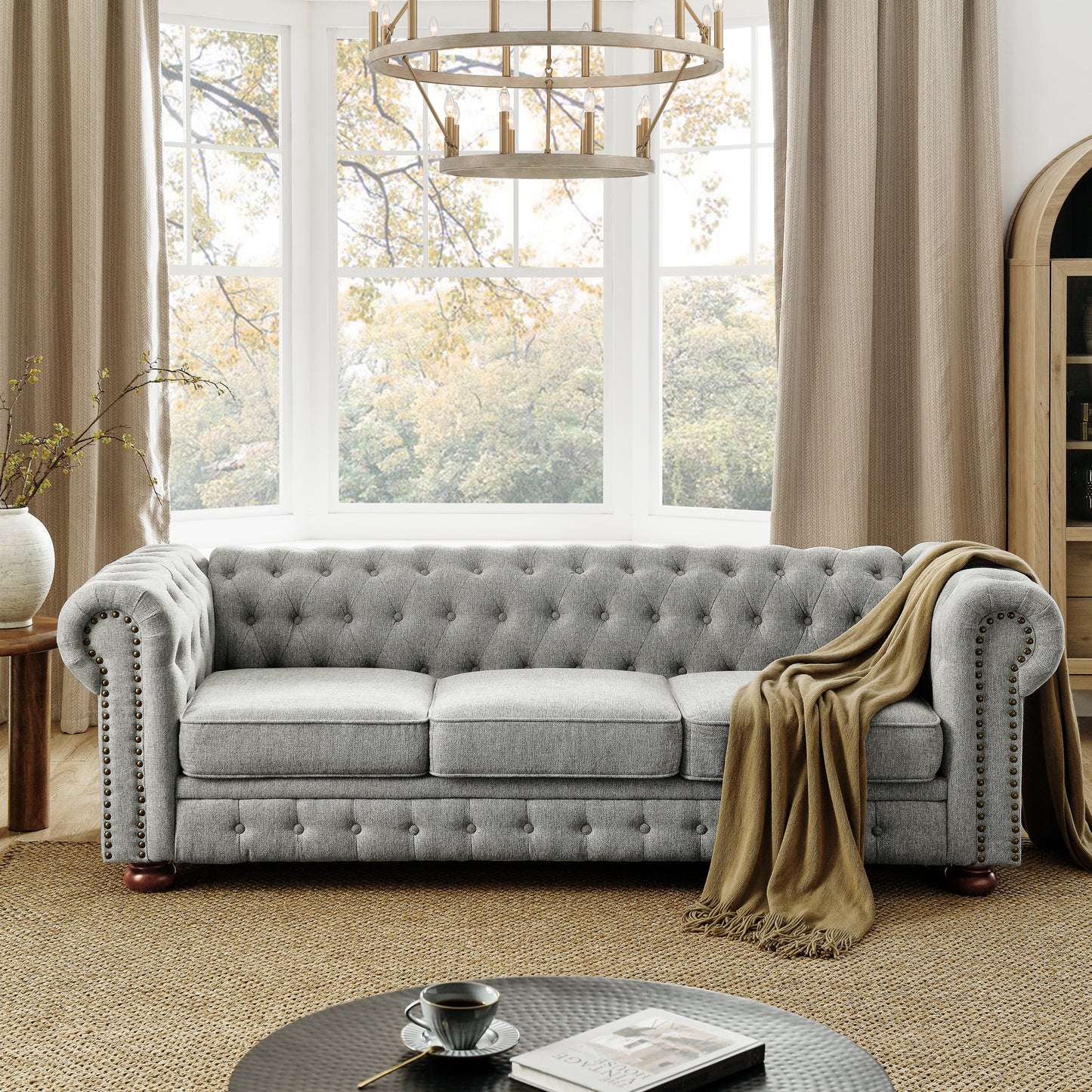 Chesterfield Sofa Tufted Linen Upholstered 3-Seater Sofa Scrolled Arms with Nailhead Decoration, Gray (88.5''x37''x28'')